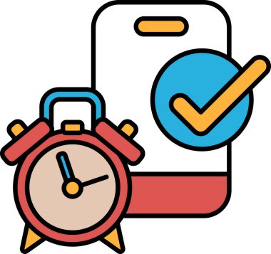 Üzerinde mavi ve sarı işaret olan kırmızı bir çalar saat. Saat 8: 00 'e ayarlandı.