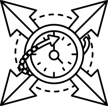 Kırmızı yüzlü bir saat ve rakamları gösteren dört ok.