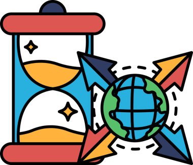 Kırmızı yüzlü ve mavi saati olan bir saat. Saat farklı yönleri gösteren oklarla çevrilidir. Zaman kavramı ve değişim kavramı. Sahne biraz soyut.