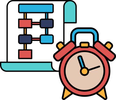 3 ve 9 numaralarda elleri olan kırmızı bir saat. Saat üzerinde bir diyagram olan bir kağıt parçasının yanında. Diyagram, bir dizi ok ve kutu içeren bir akış şeması.