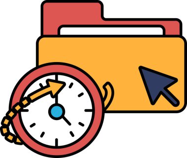 Kırmızı oklu sarı bir klasör sağı gösteriyor ve solda mavi-beyaz bir saat.