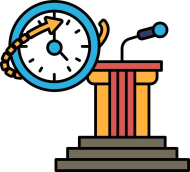 Bir saat bir mikrofon ve bir podyum ile gösterilir. Saat 10: 00 'a ayarlandı. Zaman geçişi kavramı ve zaman yönetiminin önemi