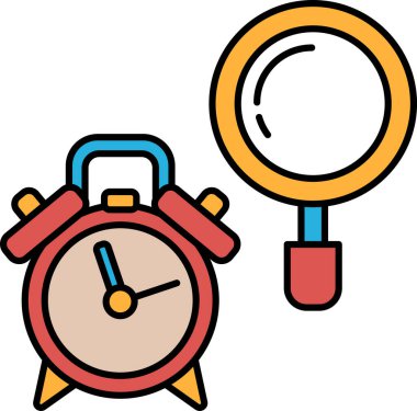 Mavi ve sarı saplı kırmızı bir çalar saat bir büyüteç yanında oturur. Saat 10: 00 'a ayarlandı.