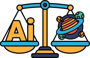 Bir tarafında yapay zeka, diğer tarafında gezegen olan bir tartı. Tartının dengesi sağdaki gezegen ve soldaki harflerle aynı.