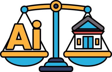 Bir tarafında yapay zeka, diğer tarafında bina olan bir tartı. Ölçek dengeli, ama bina harflerden daha büyük görünüyor.