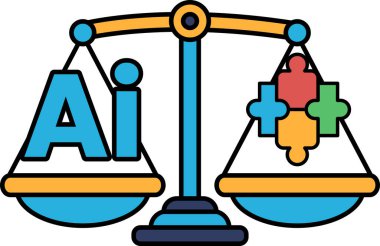 Bir tarafında yapay zeka, diğer tarafında yapboz olan bir tartı. Yapboz farklı renkte parçalardan oluşuyor ve ölçek dengeli.