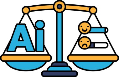 Bir tarafında gülen surat, diğer tarafında somurtan surat olan bir tartı. Ölçek yapay zeka olarak etiketlenmiş.