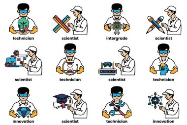 Bilim adamı, teknisyen ve Innovator gibi çeşitli ünvanlara sahip beyaz önlüklü bir grup adam.