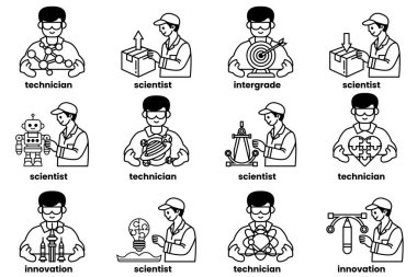 Beyaz gömlekli ve şapkalı bir dizi adam, her biri farklı bir nesne taşıyor. Nesneler arasında bir robot, bir kutu, bir top, bir kitap, bir bilgisayar, bir hesap makinesi, bir cetvel, bir saat, bir oyuncak ve bir kalp var.