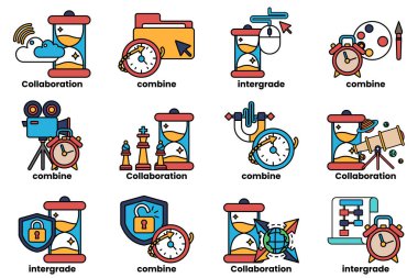 Görüntü, saatler, takvimler ve kronometre de dahil olmak üzere zamanla ilgili farklı simgelerden oluşan bir koleksiyon. Simgeler bir ızgarada sıralanır