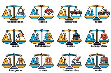 Görüntü, her iki tarafında çeşitli semboller olan bir ölçek setidir. Teraziler dengelenmiştir ve her iki taraftaki semboller işbirliği, bütünleşme ve iletişim gibi farklı kavramları temsil etmektedir.