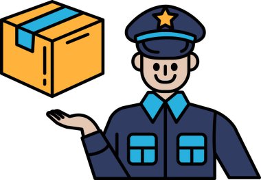 Mavi üniformalı bir adam bir kutu tutuyor ve gülümsüyor. Otorite ve sorumluluk kavramı, çünkü o bir polis memuru. Kutu bir paket ya da paket olabilir.