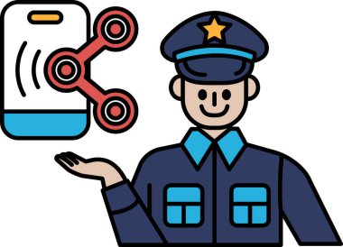 Mavi üniformalı bir adam cep telefonu tutuyor ve gülümsüyor. Bu görüntünün amacı otorite ve güvenilirlik duygusunu aktarmaktır.