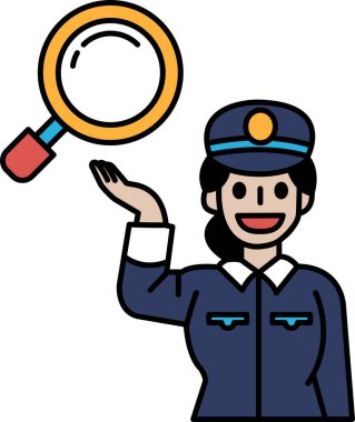 Mavi üniformalı bir kadın elinde büyüteçle gülümsüyor. Merak ve heyecan kavramı, sanki kadın yeni veya ilginç bir şey keşfetmek üzereymiş gibi.