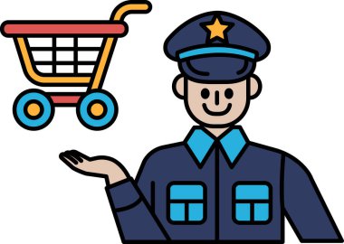 Elinde alışveriş arabası olan mavi üniformalı bir adam. Adam gülümsüyor ve bir polis memuru.
