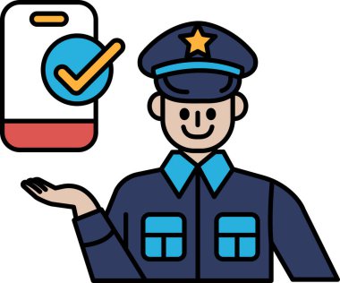 Mavi üniformalı bir adam cep telefonu tutuyor ve gülümsüyor. Bu resim, elinde cep telefonu olan bir polis memurunun karikatürü.