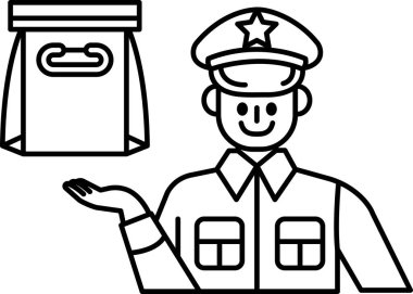 Üniformalı bir adam bir çanta tutuyor ve gülümsüyor. O bir polis memuru. Görüntü siyah ve beyaz.