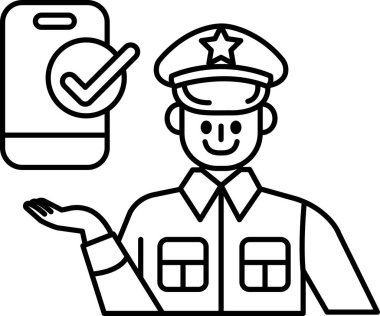 Üniformalı bir adam cep telefonu tutuyor ve gülümsüyor. Bu resim, elinde cep telefonu olan bir polis memurunun karikatürü.