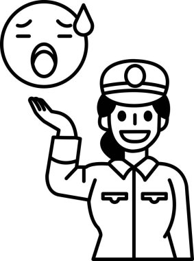 Üniformalı bir kadın gülümsüyor ve elini kaldırıyor. Görüntü, kaşlarını çatmış ve ağzında eli olan bir kadının karikatürü.