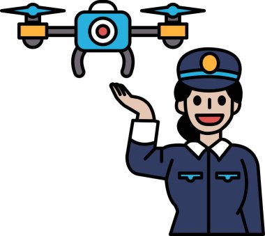 Bir kadın elinde bir dron tutuyor. Mavi bir üniforma ve şapka giyiyor.