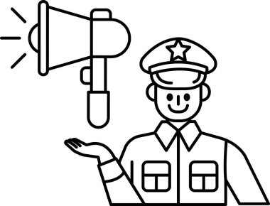 Üniformalı bir adam mikrofon tutuyor ve gülümsüyor. Bu görüntünün amacı otorite ve güven duygusu aktarmaktır.