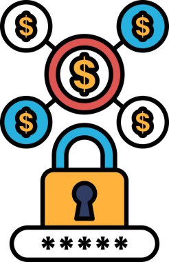 Etrafında bir sürü dolar olan bir kilidin grafiği. Dolar banknotlarının boyutları ve renkleri farklı ve hepsi kilide bağlı. Mali güvenlik kavramı