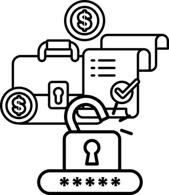 Üzerinde kilit olan bir bavul ve bir yığın banknot olan siyah beyaz bir resim.