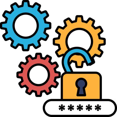 Anahtarı ve vitesi olan bir kilidin grafiği. Vitesler farklı boylarda ve renkte. Kilit de açık. Bir gizemi ya da sırrı çözme kavramı