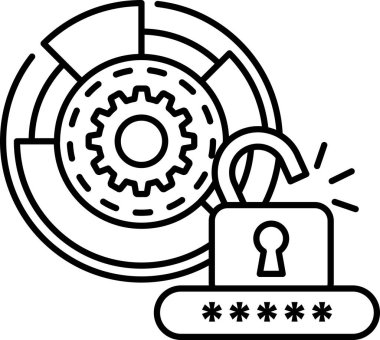 Üzerinde anahtar olan siyah beyaz bir kilit görüntüsü. Kilit dişli bir tekerleğin üzerinde. Güvenlik ve koruma kavramı