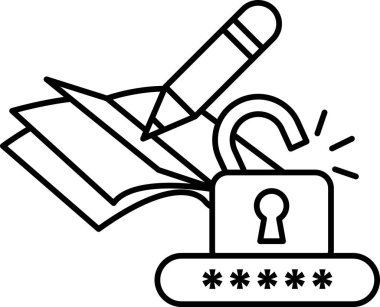 Kalem, anahtar deliği olan bir kitabın üstündedir. Görüntü güvenlikle ve her şeyi güvende tutmakla ilgilidir.