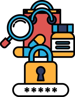 Üzerinde anahtar olan mavi ve sarı bir kilit. Kilit kırmızı ve mavi bir çanta ve bir şişeyle çevrili. Güvenlik ve koruma kavramı