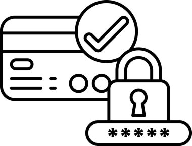 Üzerinde çek işareti ve asma kilit olan bir kredi kartı. Asma kilit güvenlik ve korumanın sembolüdür. Kontrol işareti kartın geçerli olduğunu ve ödeme için kabul edildiğini gösterir