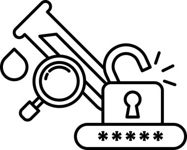 Anahtarı ve büyüteci olan siyah beyaz bir kilit. Kilit açık ve anahtar kayıp. Gizem ve entrika kavramı