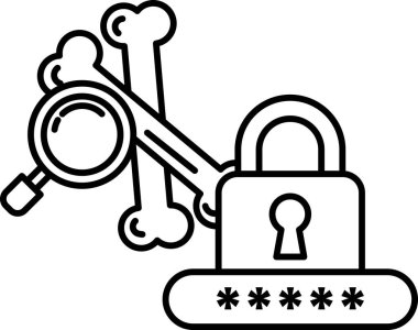 Beyaz arka planda bir iskelet ve kilit var. Kilit masanın üstünde.