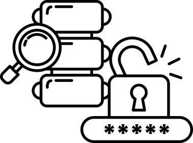 Anahtarı ve büyüteci olan siyah beyaz bir kilit. Kilit açık ve anahtar kayıp. Kilitli bir nesneye girmeye çalışan kişi kavramı