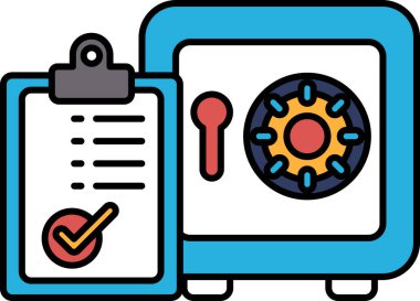 Kırmızı anahtarı olan mavi bir kasa ve üzerinde kontrol işareti olan bir pano. Kasa kilitli ve pano açık.