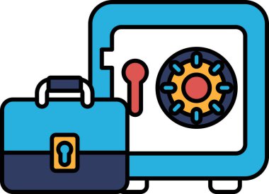 Üzerinde anahtar deliği ve kırmızı kilit olan mavi bir evrak çantası mavi bir kasanın yanında. Kasanın kırmızı ve mavi bir deseni ve kırmızı bir kolu var.