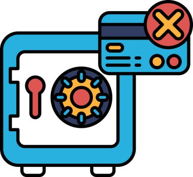 Üzerinde kırmızı anahtar deliği olan mavi bir kasa ve üzerinde X harfi olan bir kart. Kasa boş.