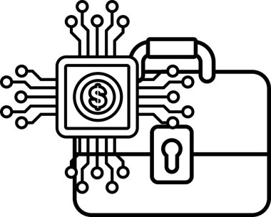 Üzerinde dolar işareti olan bir valizin siyah beyaz çizimi. Çanta açık ve anahtar deliği var.