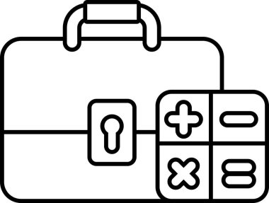 Kilitli ve hesap makinesi olan bir evrak çantasının siyah beyaz görüntüsü. Evrak çantası açık ve hesap makinesi üzerinde duruyor.