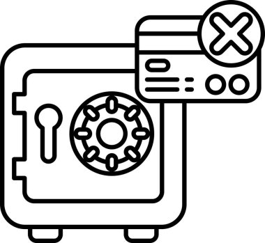 İçinde kredi kartı ve X harfi olan bir kasanın siyah beyaz görüntüsü. Güvenlik ve koruma kavramı, çünkü kasanın amacı değerli eşyaları hırsızlıktan korumak.