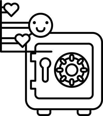 Üzerinde gülen bir yüz ve üstünde bir kalp olan bir kasanın siyah beyaz görüntüsü.