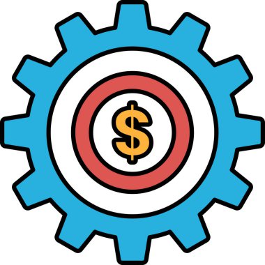 Ortasında dolar işareti olan mavi ve kırmızı bir vites. Dolar işareti kırmızı bir daire ile çevrili.