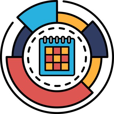 Ortasında kırmızı ve mavi kare olan renkli bir takvim. Takvim, her biri farklı bir ayı temsil eden farklı renkli bölümlere bölünmüştür. Tasarımı eğlenceli ve eğlenceli.