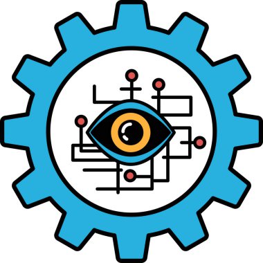 Ortasında gözü olan bir dişlinin mavi ve beyaz grafiği. Göz kırmızı ve siyah bir desenle çevrilidir. Göz dışarı bakıyor ve dişli dişli dönüyor. Tasarım modern.