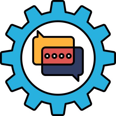 Üzerinde iki konuşma baloncuğu olan mavi ve beyaz bir vites. Konuşma baloncukları mavi ve kırmızıdır ve teçhizatın üst ve alt kısmında konumlandırılmışlardır.