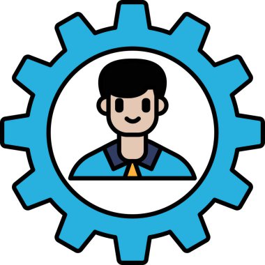 Bir adam gülümsüyor ve mavi bir çemberin ortasında. Çember bir dişli ve adam da teçhizatın merkezinde.