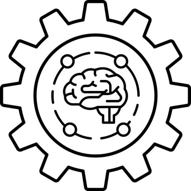 Üzerinde beyin olan bir dişlinin siyah beyaz görüntüsü. Beyin daha küçük dairelerden oluşan bir çemberle çevrilidir ve teçhizat görüntünün merkezinde gösterilir. Yenilik ve ilerleme kavramı