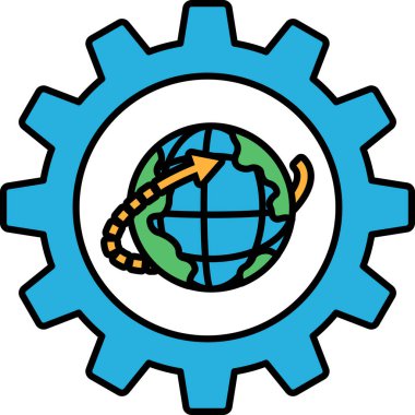 Üzerinde yeşil ok olan mavi ve beyaz bir küre grafiği. Küre bir dişli ile çevrilidir, ayrıca mavi ve beyazdır. Dünyanın birbirine bağlılığı kavramı