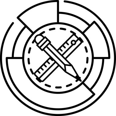 Üzerinde kalem ve cetvel olan siyah beyaz bir logo. Kalem ve cetvel birbirinin üzerinden geçiyor ve logo dairesel.